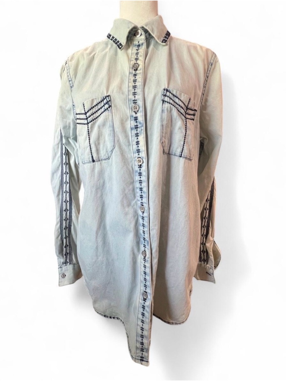 Light Blue Embroidered Denim Bardot Button-Up Embroidered Cabi Shirt